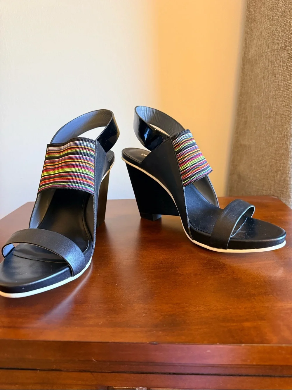 United Nude Black Wedge Sandals with Multicolor Striped Strap